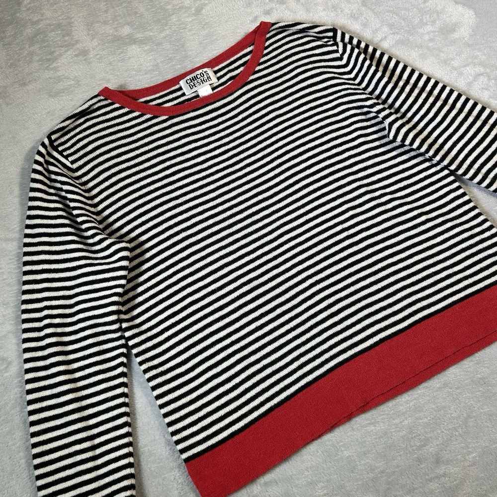 Vtg Chicos Design Striped Top M Linen Blend Red Black Preppy Euro Chic Sz 2